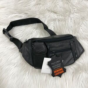 NWT Embassy Genuine Leather Fannypack Waist Bag Black Lined Reinforced Stitching